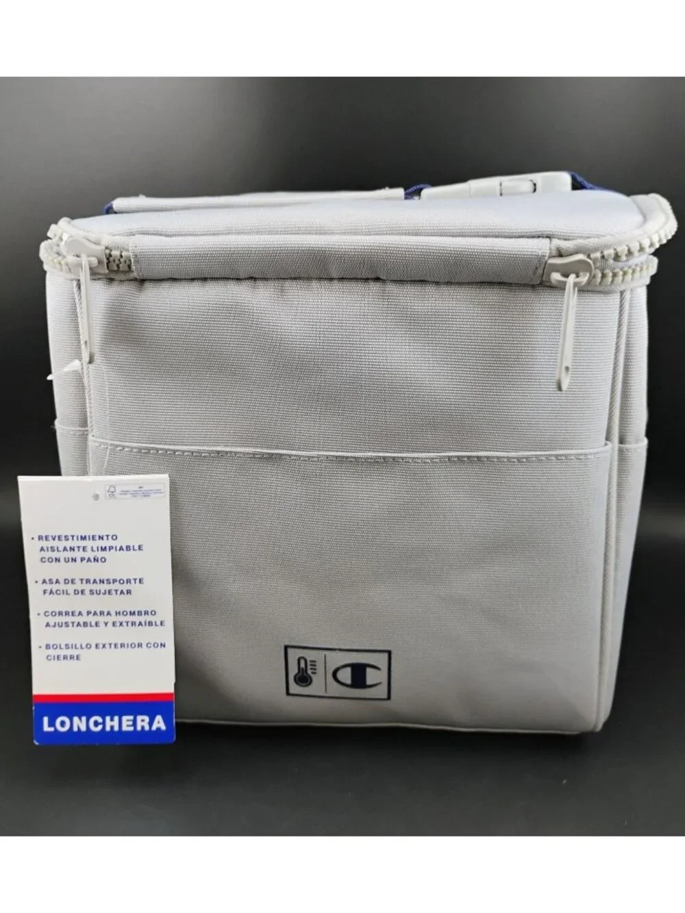 Champion Gray Insulated Lunch Box With Adjustable Strap Front Zipper Pocket